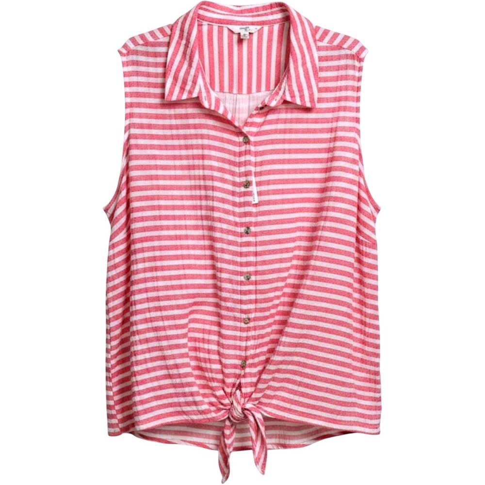 Terra & Sky Womens 2X Pink White Striped Cotton Gauze Tie Front Sleeveless Top